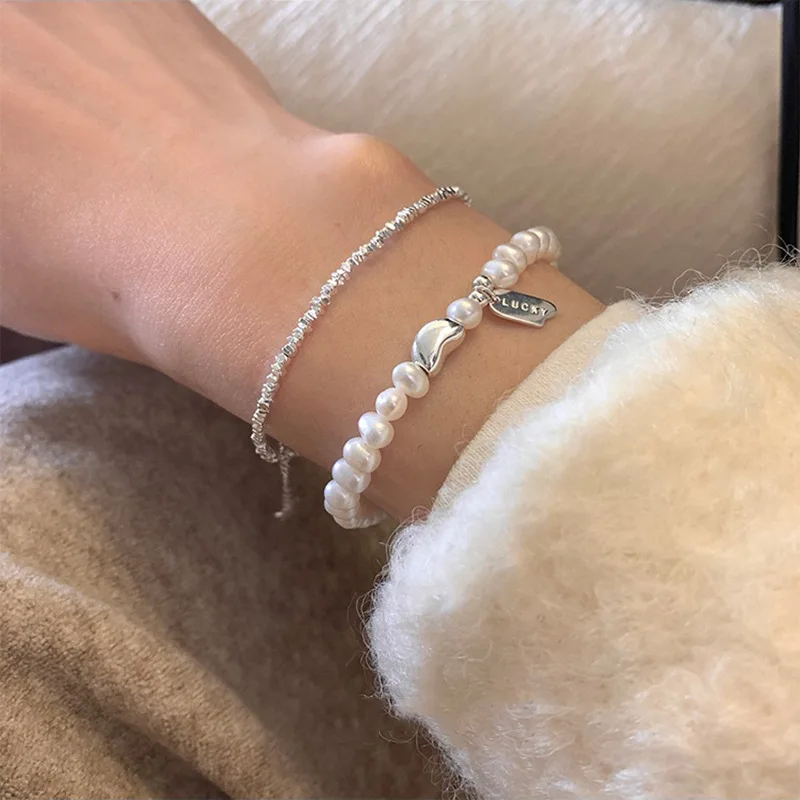 

VENTFILLE 925 Sterling Silver Irregular Natural Pearls Letter Bracelet for Women Girl Bead Grace Lucky Jewelry Gift Dropshipping