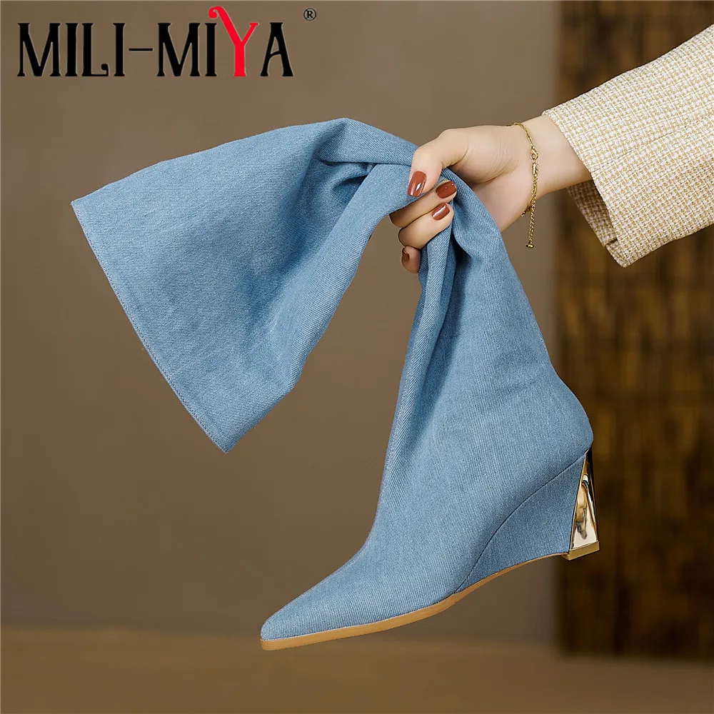 

MILI-MIYA New Arrival Classic Sexy Wedges Women Denim Over The Knee High Boots Slip On Light Blue Pointed Toe Plus Size 34-42