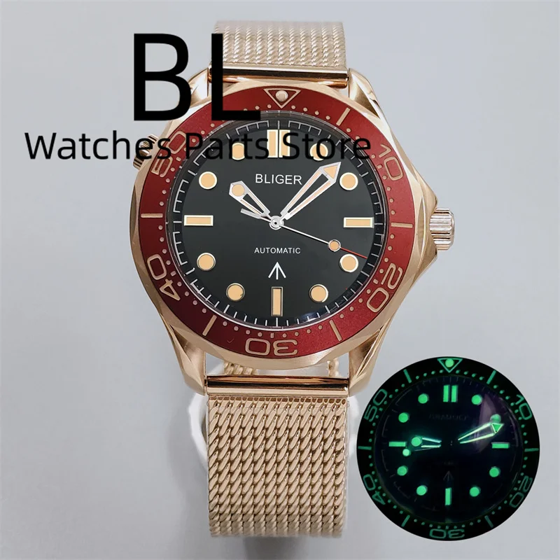 BLIGER 41 мм Роскошные винтажные бронзовые розовые золотые мужские механические часы 007 NTTD 100 м для дайвинга NH35PT5000 бордовый красный сетчатый ремешок с безелем