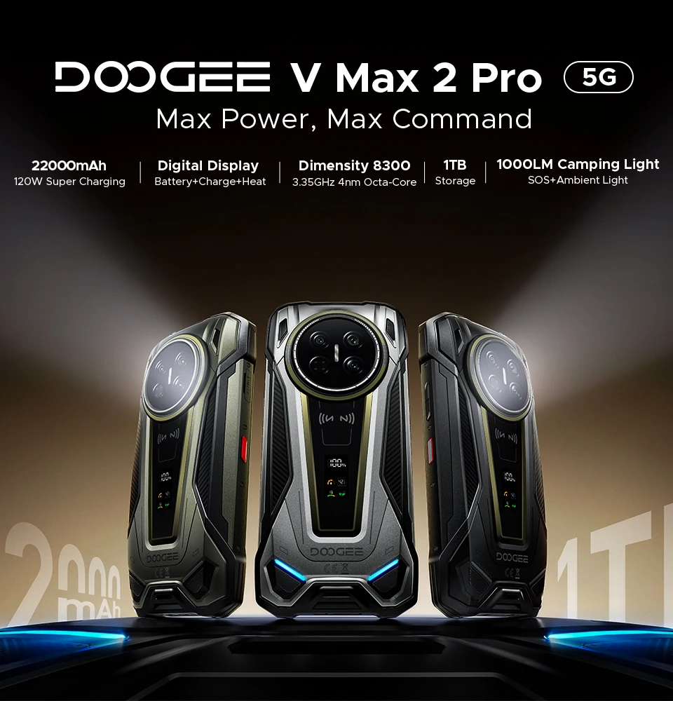 World Premiere DOOGEE V Max 2 Pro 5G Rugged Phone 6.78" FHD+ IPS 120Hz Display 48GB+1TB 22000mAh 200MP 120W Smartphon Android 16