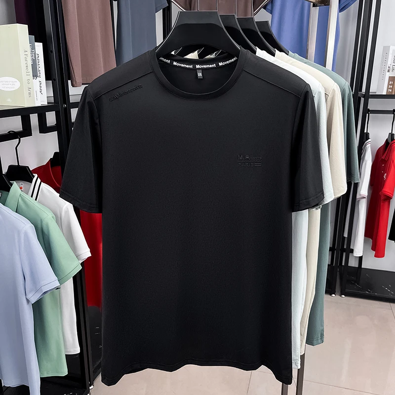 العلامة التجارية الفاخرة أزياء إلكتروني تنقش قصيرة الأكمام تي شيرت الراقية حريري ناعم تنفس بارد مريح الرجال جولة الرقبة أعلى #5