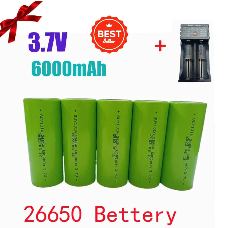 Оригинальный высококачественный аккумулятор 26650, 3,7 В-6000 мАч, 50 А, литий-ионный аккумулятор для светодиодного фонарика, радиоуправляемая игрушка + зарядное устройство 201