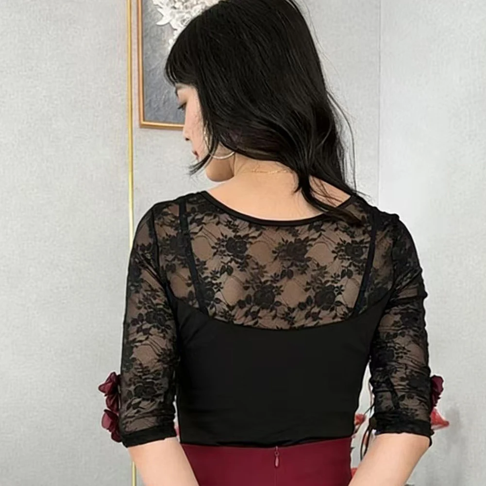 

Exquisite Costumes for Women 2026 Round Neck Top for Dancing Latin Dance Women's Long Sleeve Top Three-dimensional Flowers Samba