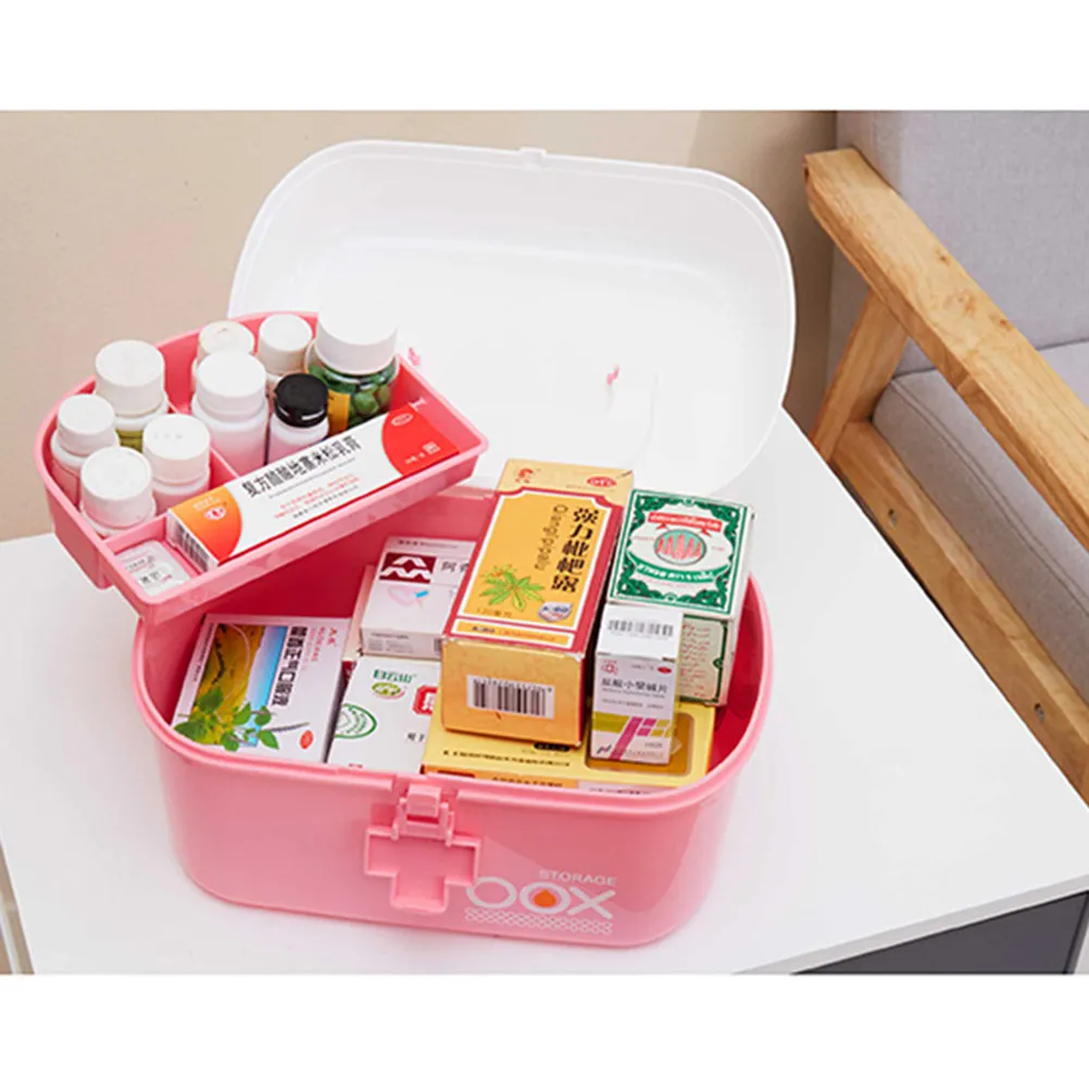 

Medicine Storage Organizer First Aid Kit Box with Removable Tray Handle Compact Lightweight Shockproof PP Material for Family