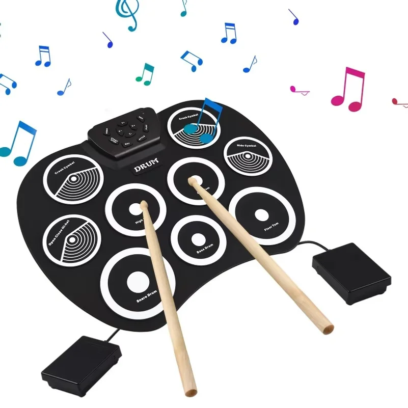 Electronic Drum Set Hand-rolled Drum 9-pad MIDI Interface Supports DTX Games Portable Drum Set Gifts with Drumsticks Pedals