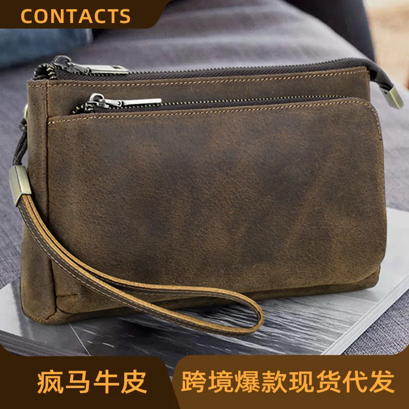 

HTS-MC1035 Retro Crazy Horse Leather Casual Men's Storage Bag with Multiple Zipper Bags and Interlayer Handheld Bag