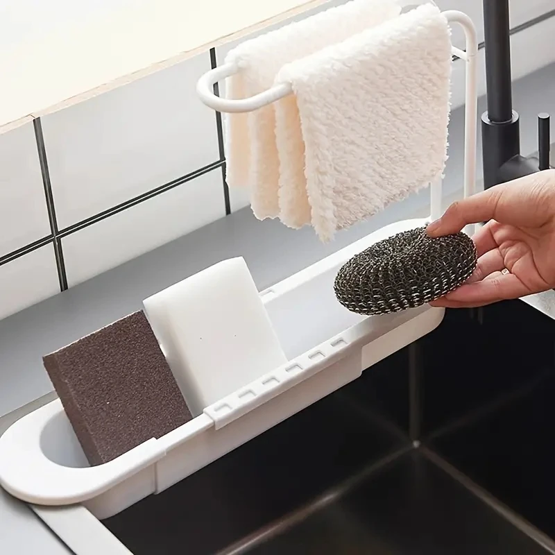 1pc Telescopic Sink Rack Over Sink Holder Organizer Rack Sponge Storage Drain Basket Dish Cloth Hanger For Home Kitchen