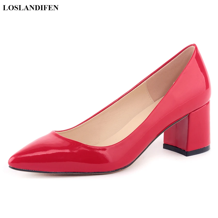 

LOSLANDIFEN Shoes Women Concise Patent Leather Shallow Pumps Thick High Heels Pointed Toe Black Red Work Dress Party Shoes Woman