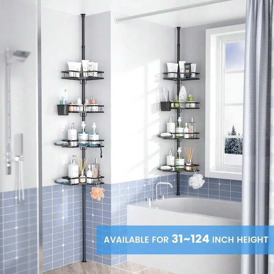 This 31-124' Tension Pole Shower Caddy Fits Floor To Ceiling, Has 4 Baskets, No Drilling Needed, Rustproof, Great For Bathroom,