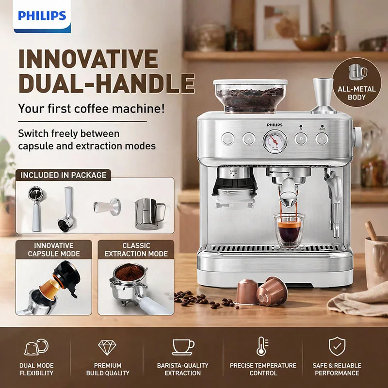 

Philips Gemini Coffee Machine Home Semi-Automatic All-In-One Machine 15 Level Automatic Capsule Grinder with Multiple Flavors