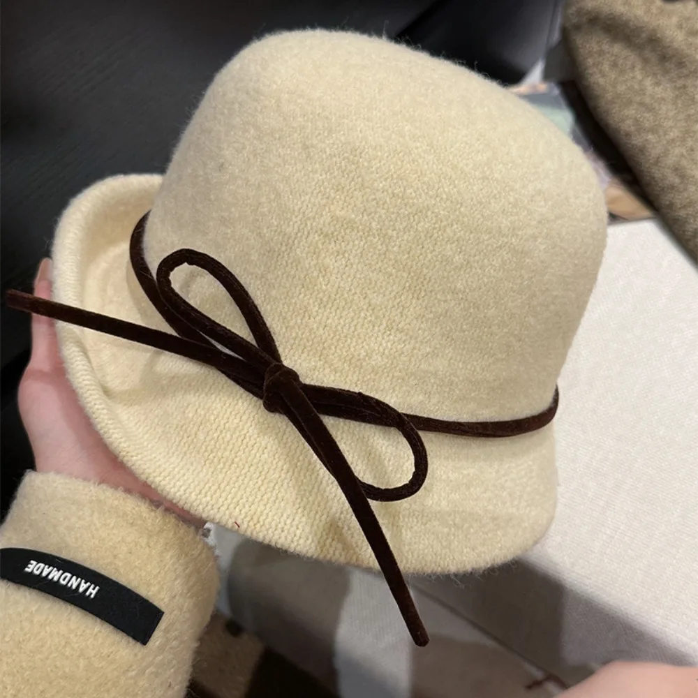 

Fashion Bowknot Hepburn Style Topper Hat French Style Pure Color Woolen Bucket Hat Elegant British Style Bow Basin Hat Travel