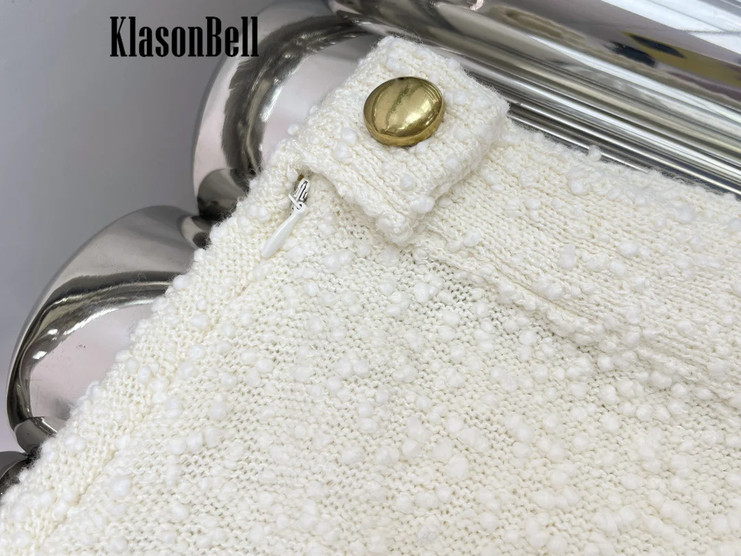 8.15 Klasonbell Women O-Neck Metal Button Pocket Decoration Wool Blend Knit Cardigan Or A-Line Skirt  Temperament Sweet Set