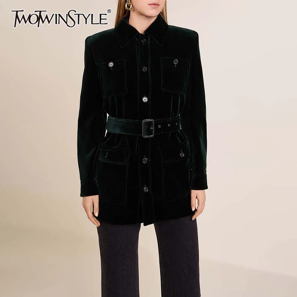 

TWOTWINSTYLE однотонные темпераментные куртки с поясом для женщин, модная куртка с лацканами и длинными рукавами, лоскутные карманы, женская одежда