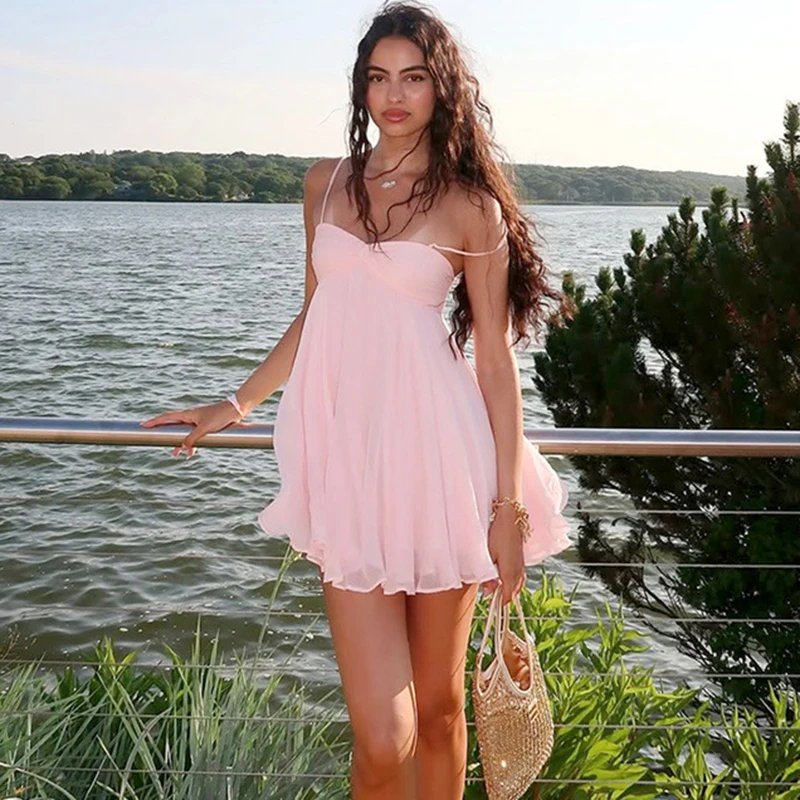 

Ticketsx Pink Chiffon Ruffles Sling Dress Women's Sleeveless Backless Spaghetti Strap Dress Female Summer Beach Vacation Dresses
