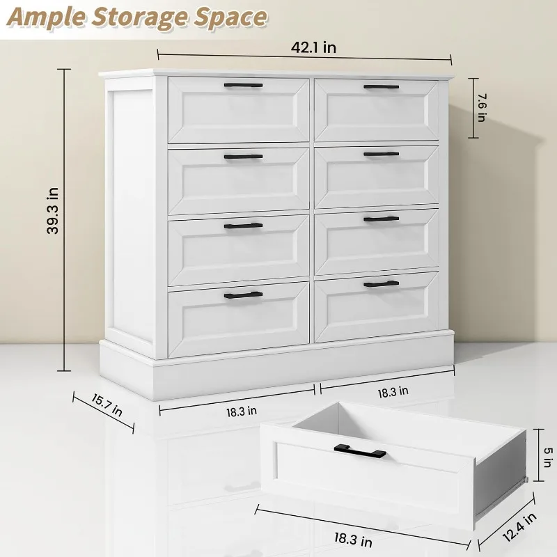 White Dresser for Bedroom, Wood Dresser with 8 Drawers, Chest of Drawer for Bedroom Living Room Entryway Hallway