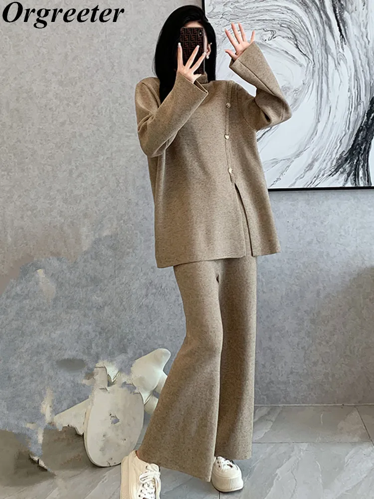 Women Wide Leg Pants Suits O Neck Oversized Woman Sweater + Trousers Tracksuits 2/ Two Pieces Sets Knitted Clothes