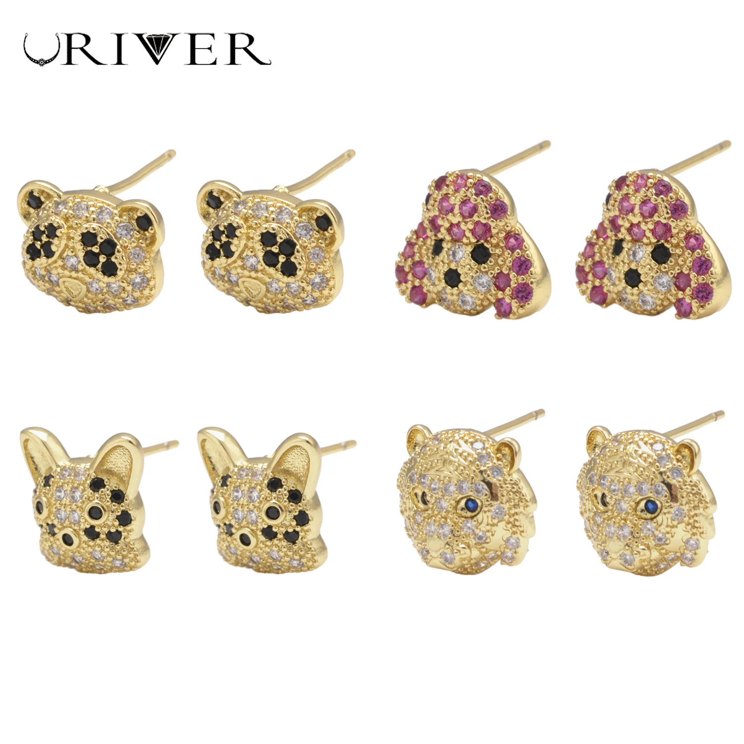 3 Pairs Cute Animal Stud Earrings for Women Bear Dog Lion Shape Ear Piercing Cubic Zircon Stud Earrings Woman's Ear Jewelry