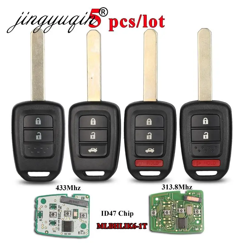 jingyuqin 5pcs 313.8/433Mhz ID47 Car Key Fob Remote Key Fob For Honda 2013-2015 CRV 2013-2017 Accord Civic Fit MLBHLIK6-1TA ID47