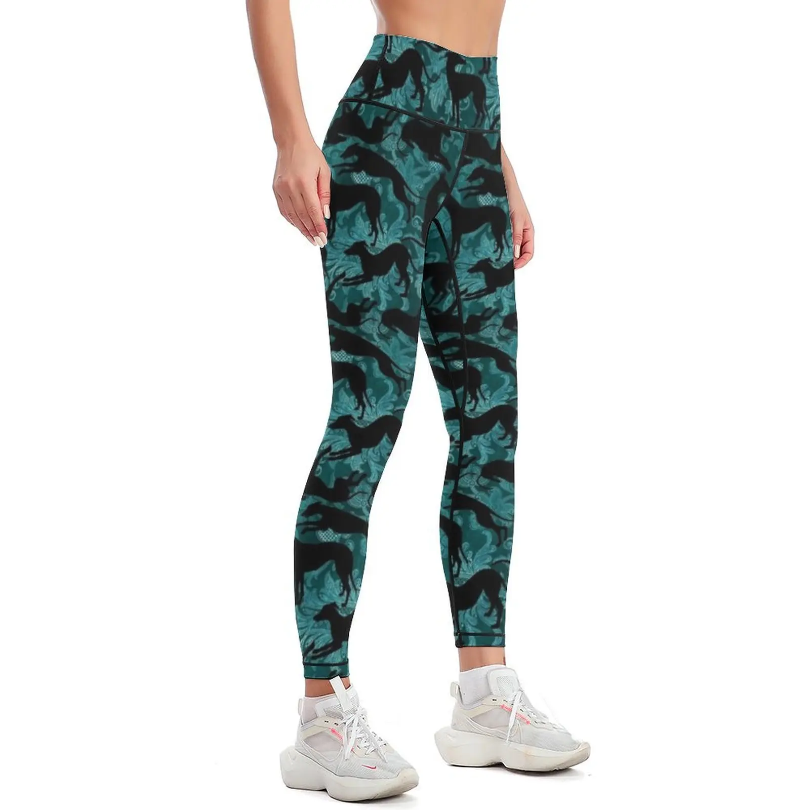 Cyan Damask Silhouetted Greyhounds Leggings legging pants raises butt sports shirts gym workout clothes for Womens Leggings