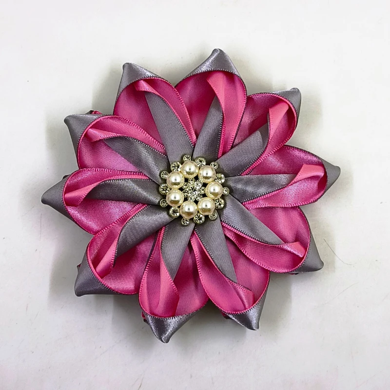 4.7 inch Doubled Satin Ribbon Corsage Ribbon Pin Brooch  Pinwheel with Rhinestone