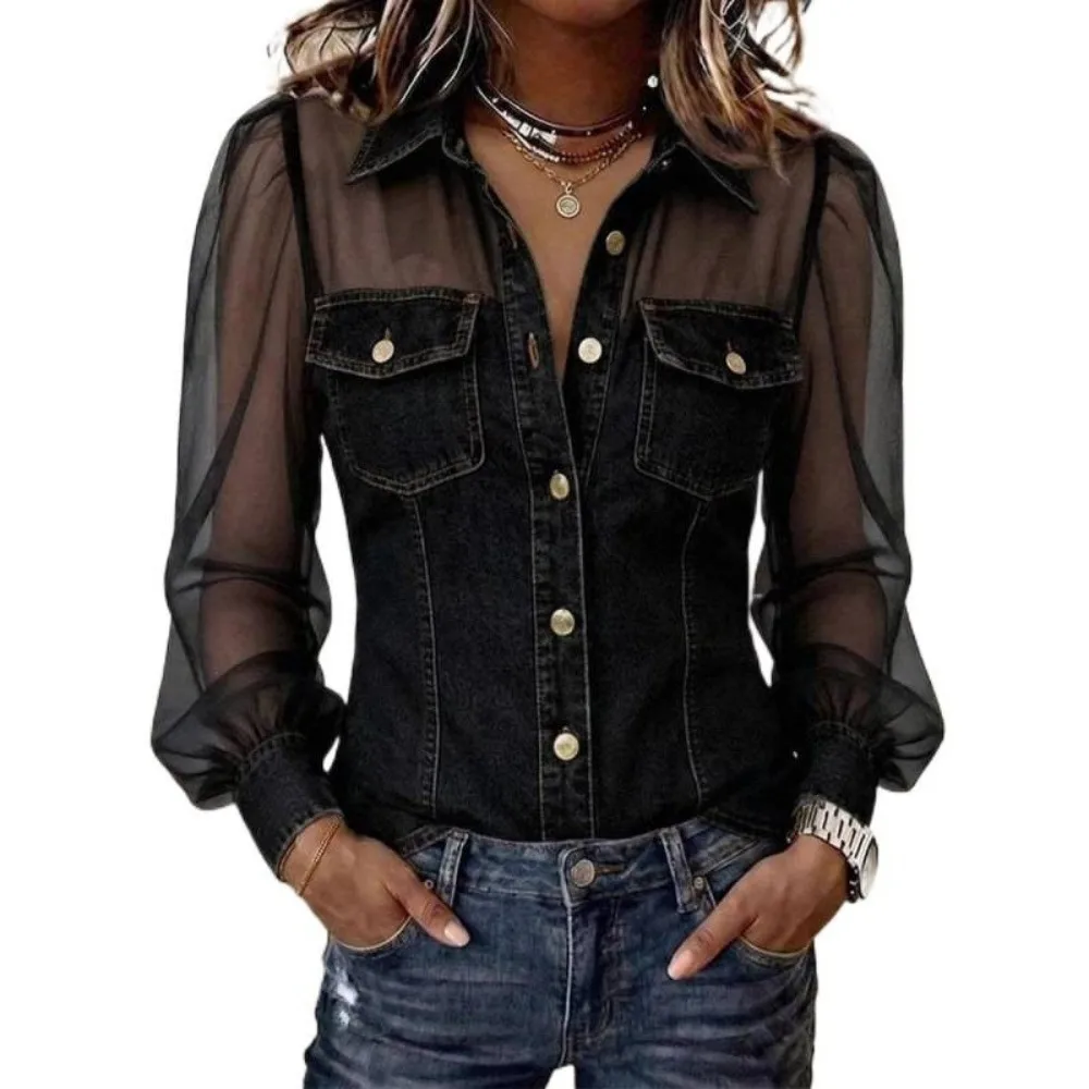 Trend Mesh Denim Blouse V-Neck Loose Fit Long Sleeve Top Casual Button Down Shirt Women