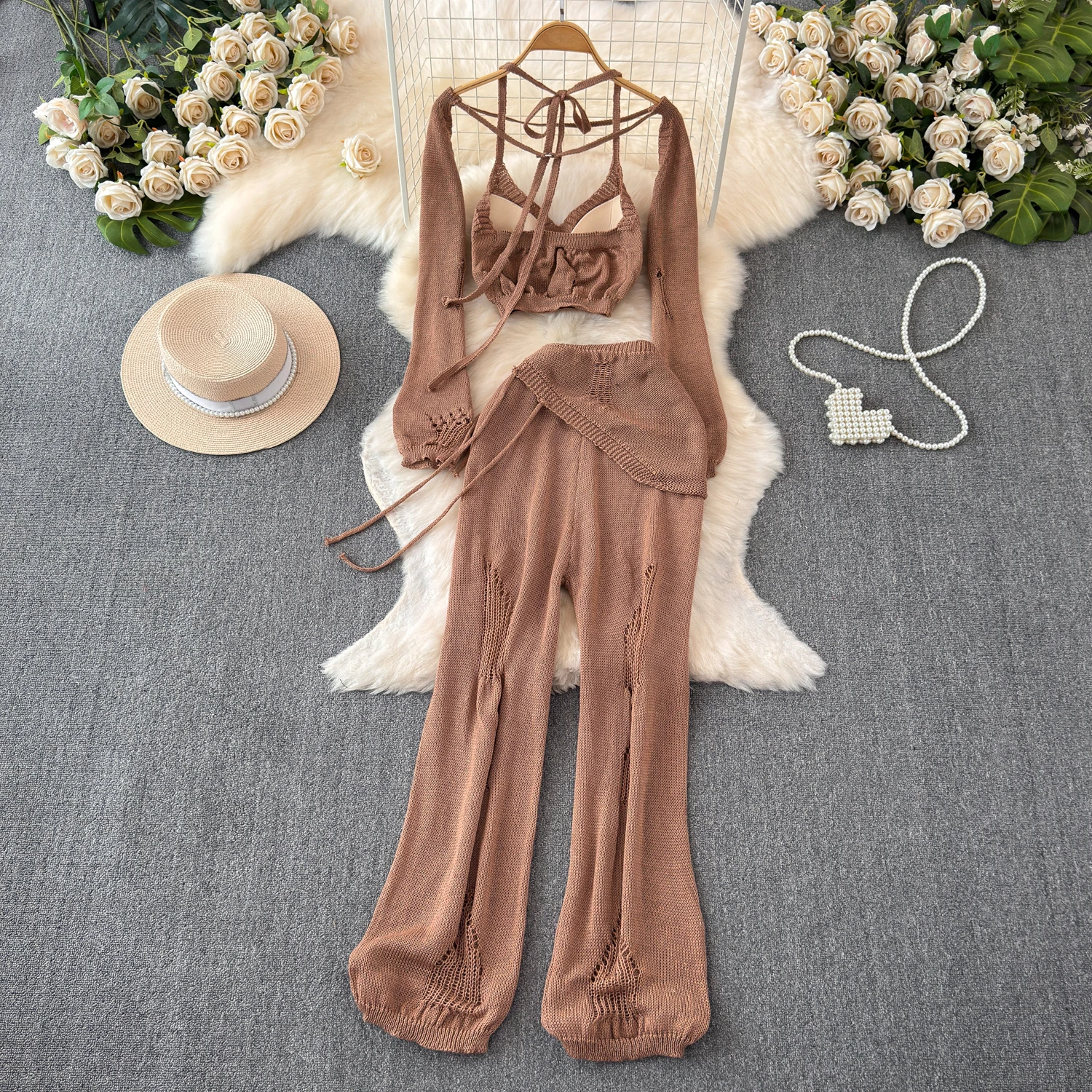 Summer Three Piece Set Long Sleeved Loose Camisole Knitted Sweater+Casual High Waisted Straight Leg Wide Pants