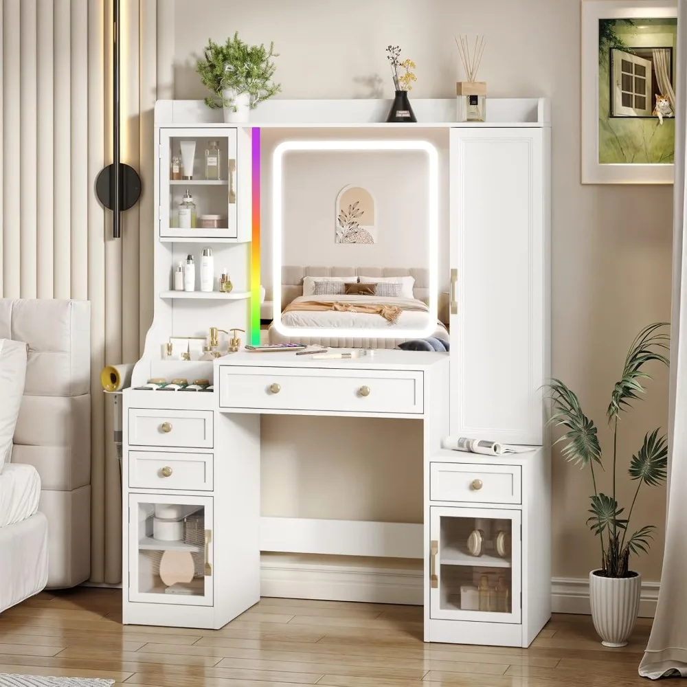 Makeup Vanity Desk with LED Lighted Mirror and Power Strip and RGB Lights,White Vanity Table with Jewelry Cabinet