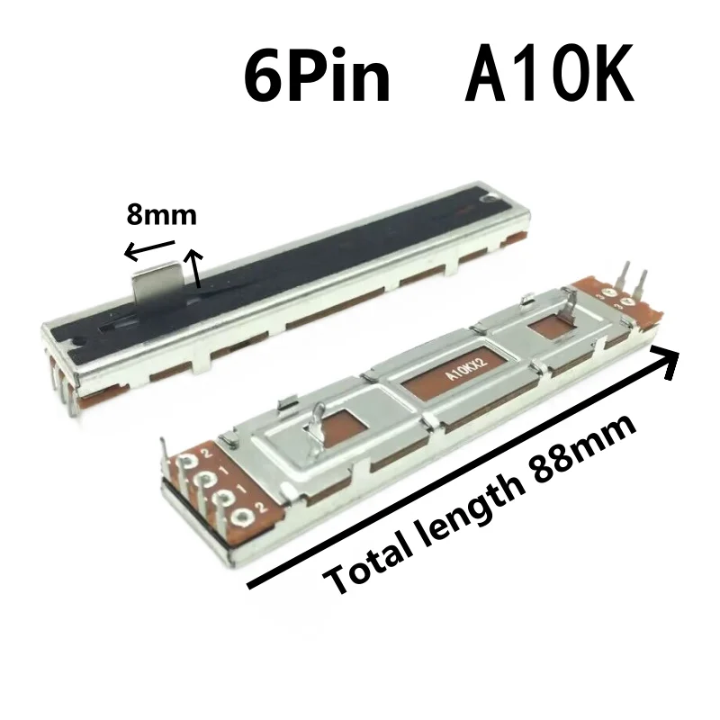 1pcs，Straight slip potentiometer，SC609G，A10K×2，6Pin，Total length 88mm，Mixing console volume putter