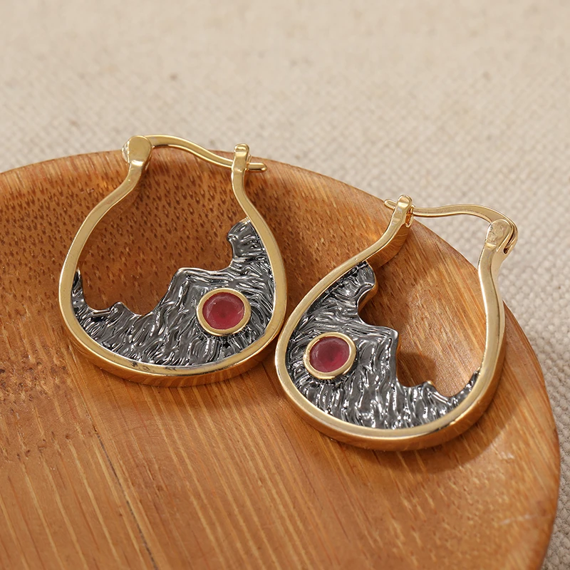 Creative Inlaid Red Synthetic Zircon Mountain Peak Hoop Earrings Women's Unique Design Fashion Banquet Party Jewelry Accessories