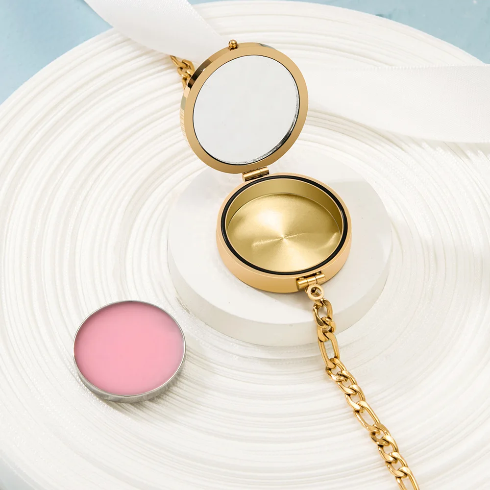 Multifunktionaler Lippenbalsam-Aufbewahrungsarmreif aus Edelstahl für Damen, Modisches Glas-Etui mit Öffnung, Runde Kette, Party-Schmuckgeschenk – Detail 4