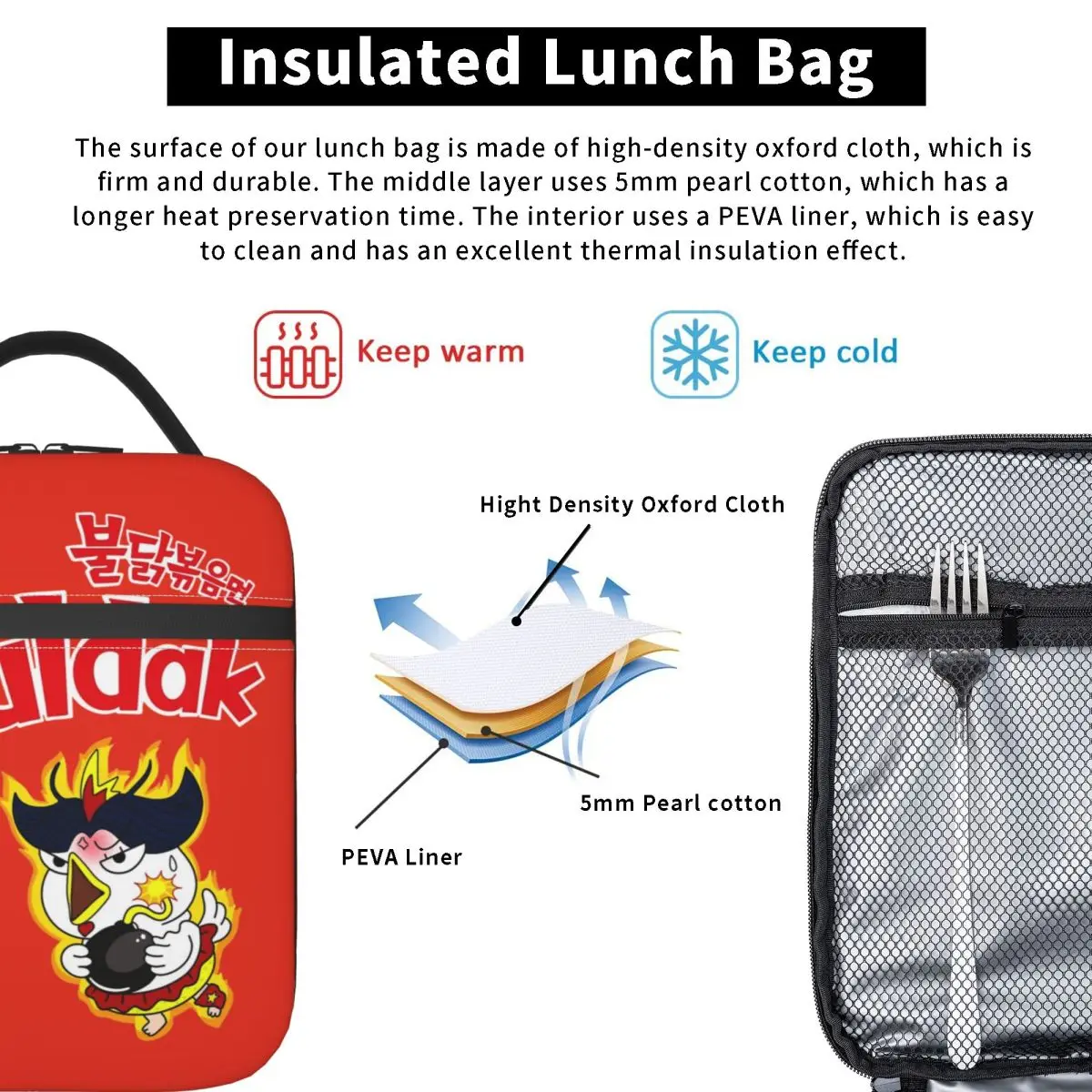 Buldak Ramen pollo Hochi Remix picante fideos coreanos bolsa de almuerzo divertida lonchera para adultos Picnic bolsa refrigeradora portátil con cremallera