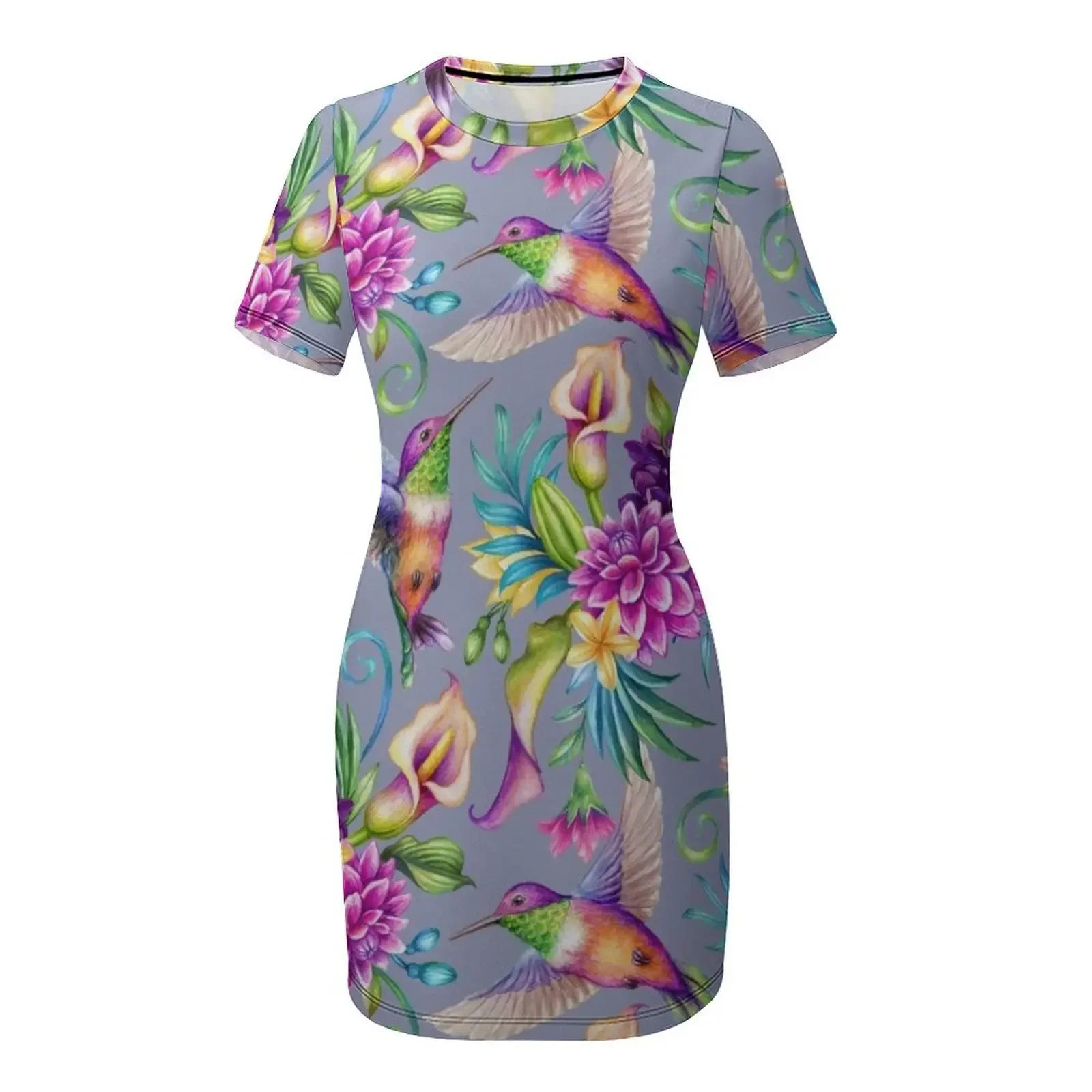 Abito da donna a maniche corte con motivo colibrì e fiori vintage, abito da sera da donna, abito da ballo