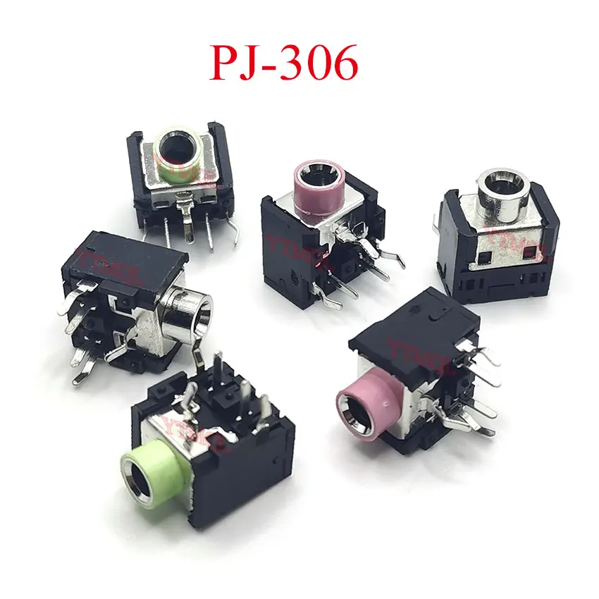 50PCS PJ-306 PJ306 3.5mm Female 5 Pin Audio Jack Connector DIP Stereo Headphone Jack Pink Green Silvery