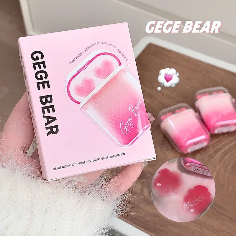Gege Bear 2 ชิ้นหูฟังจัดแต่งทรงผม Matte Lip GLOSS Mirror Moisturizing Lip GLOSS ชุด