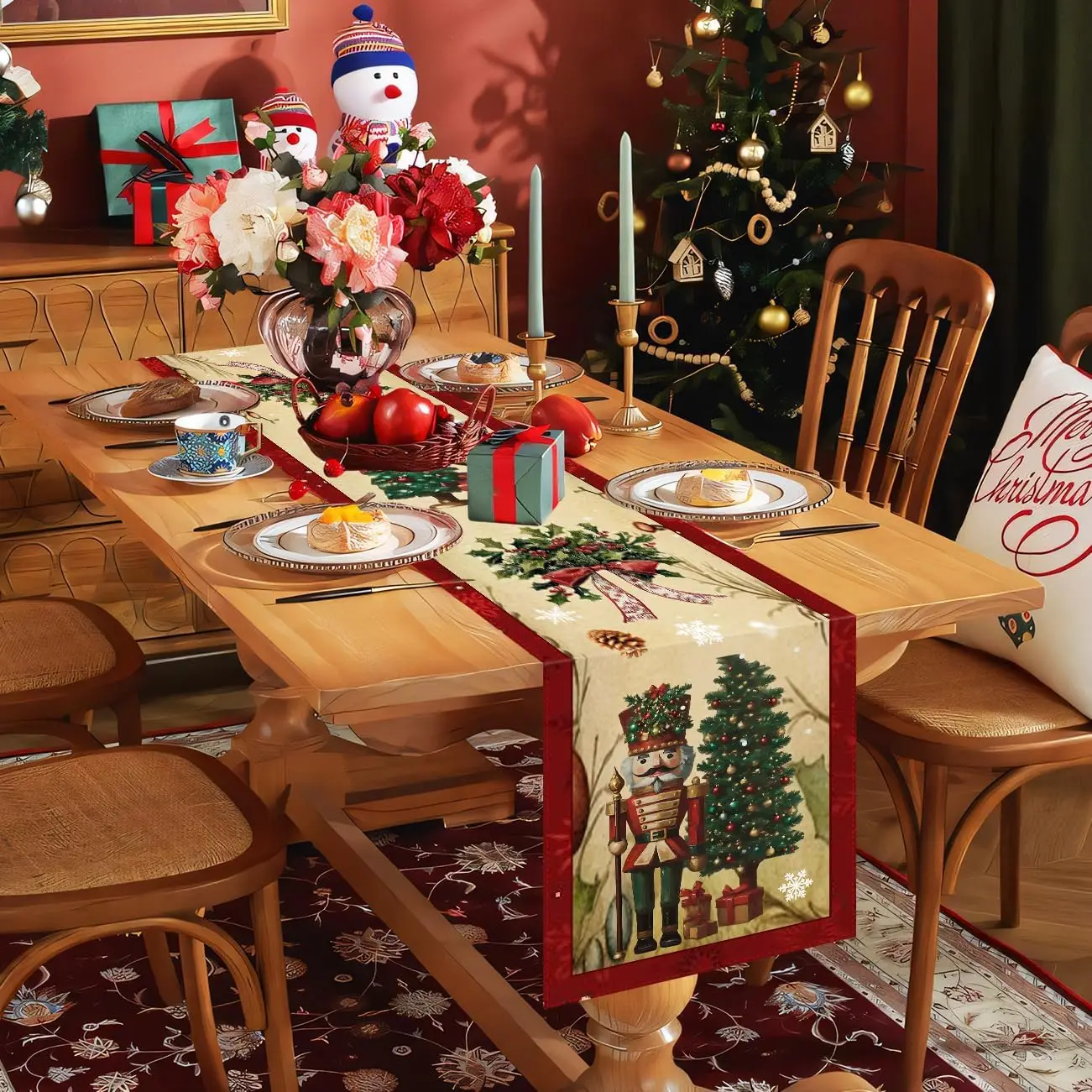 Christmas Tree Nutcracker Soldier Linen Table Runner Party Decor Winter Xmas Kitchen Dining Table Runners Christmas Decorations
