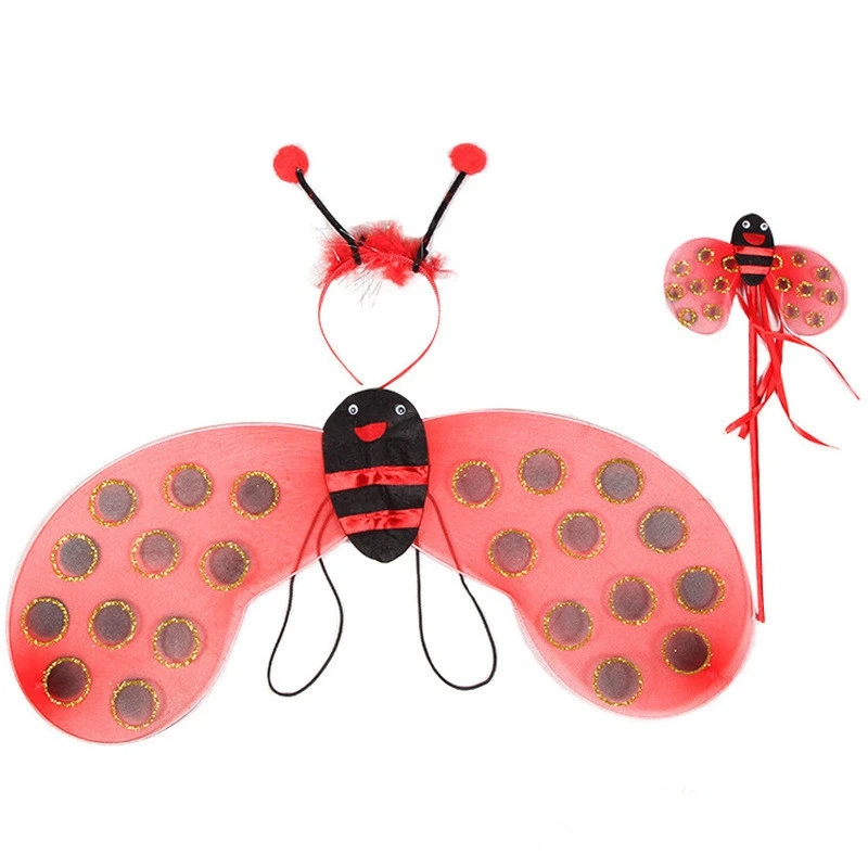 3/4Pcs Kids Girl Halloween Bee Costume Set Ladybug Wing Layered Tutu Skirt with Headband Wand Baby Cosplay Party Dress Up Outfit