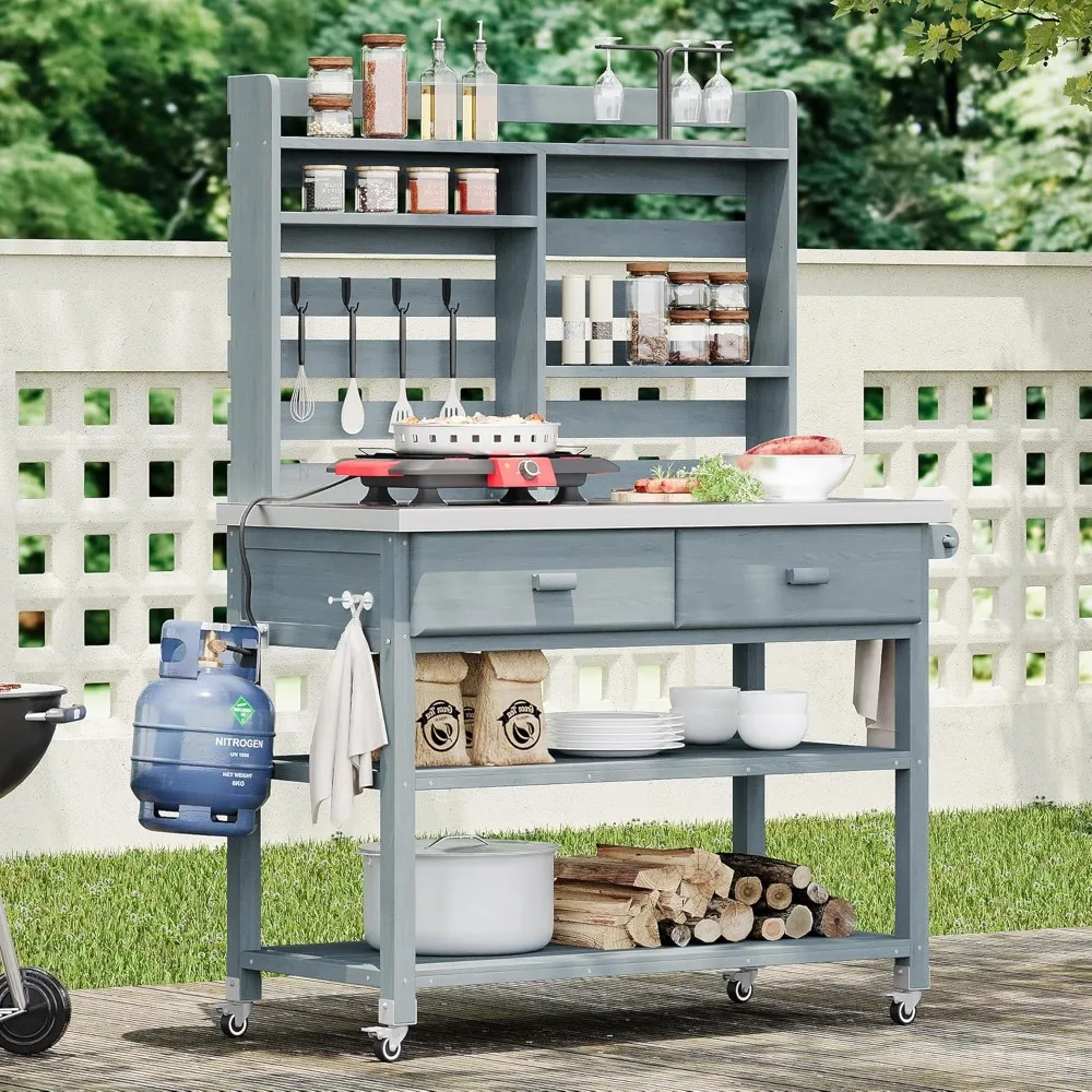 

Outdoor Potting Bench Table with Upper Hutch, 64.9" H Solid Wood Outdoor Kitchen Island with Lockable Wheels & Stainless Steel