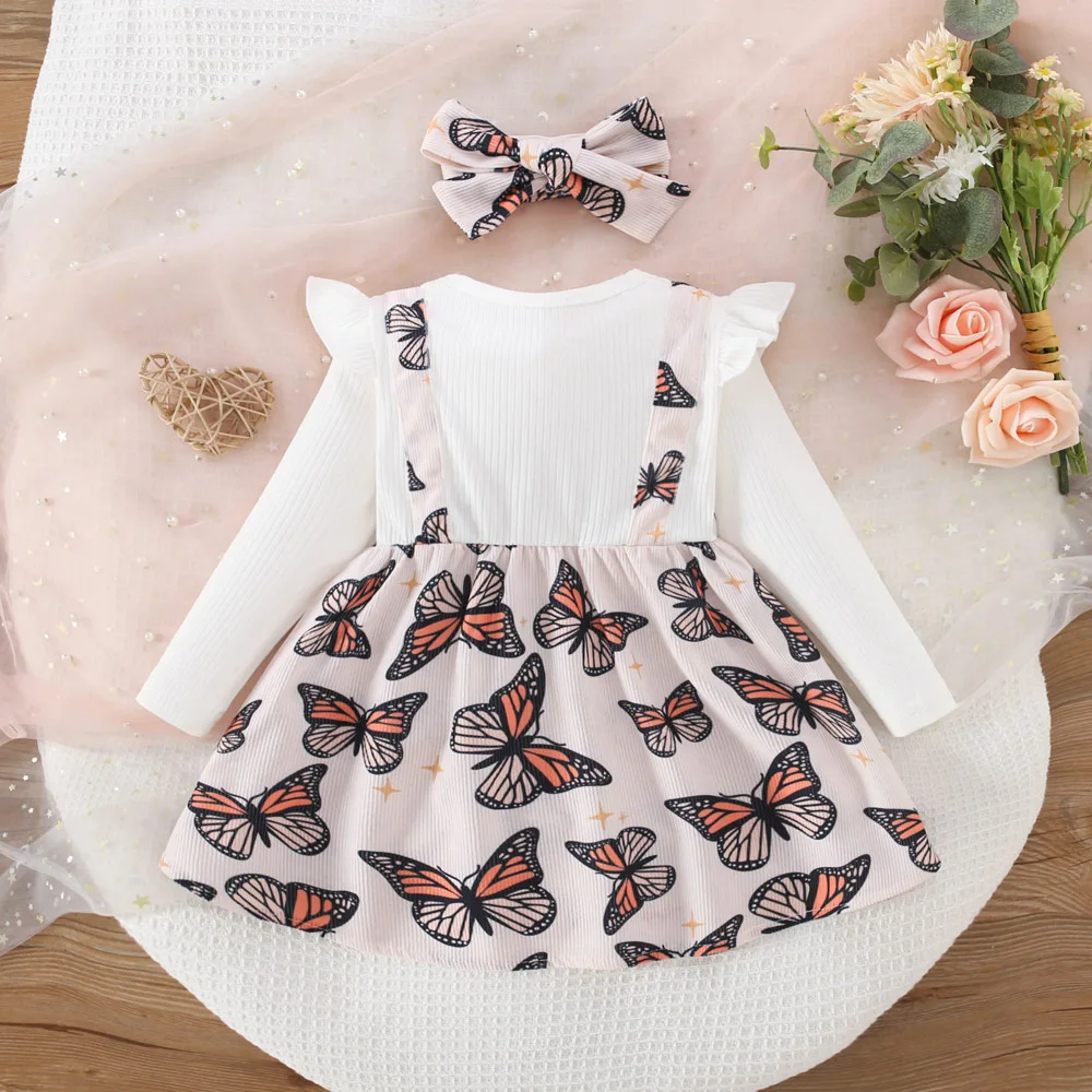 Spring And Autumn New White Long Sleeve Baby Girl Dress, Cute Butterfly Children\'S Clothing (6 Months -3 Years Old)