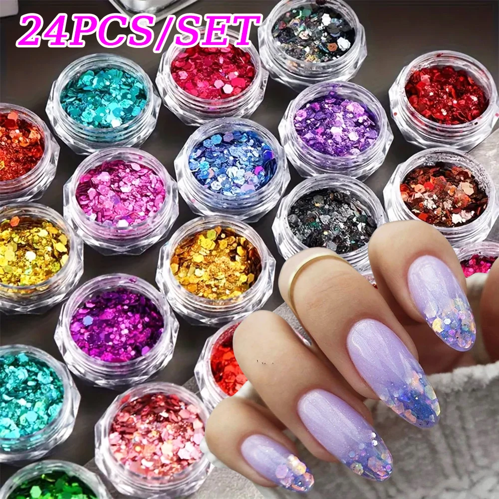 

24-цветные переливающиеся шестиугольные массивные смешанные блестящие голографические блестящие пудры для ногтей, хлопья, блестящие рождественские украшения для маникюра