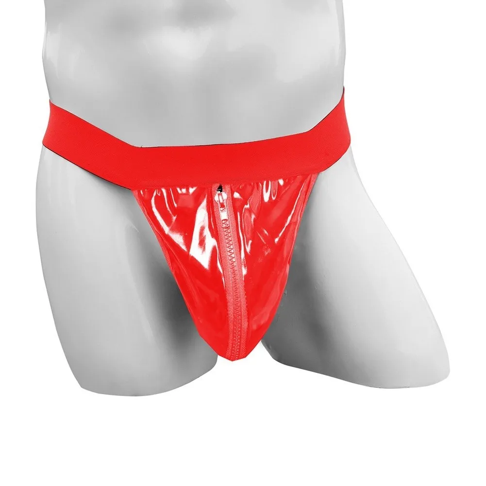 Men's Shiny Patent Leather G-String Thong With Zipper Bulge Pouch Backless Low Waist Underwear Briefs Red