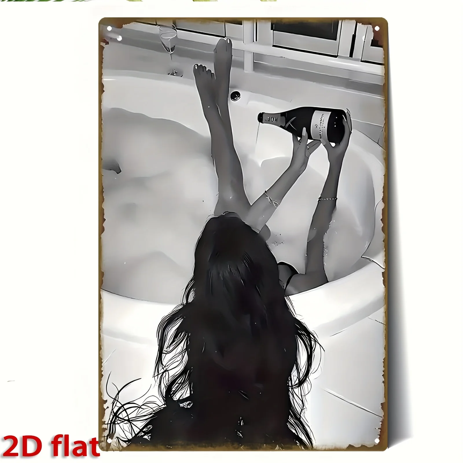 

Vintage Iron Wall Art | Black & White Bathroom Scene with Woman Holding Champagne, 8x12 Inch Rustic Metal Plaque