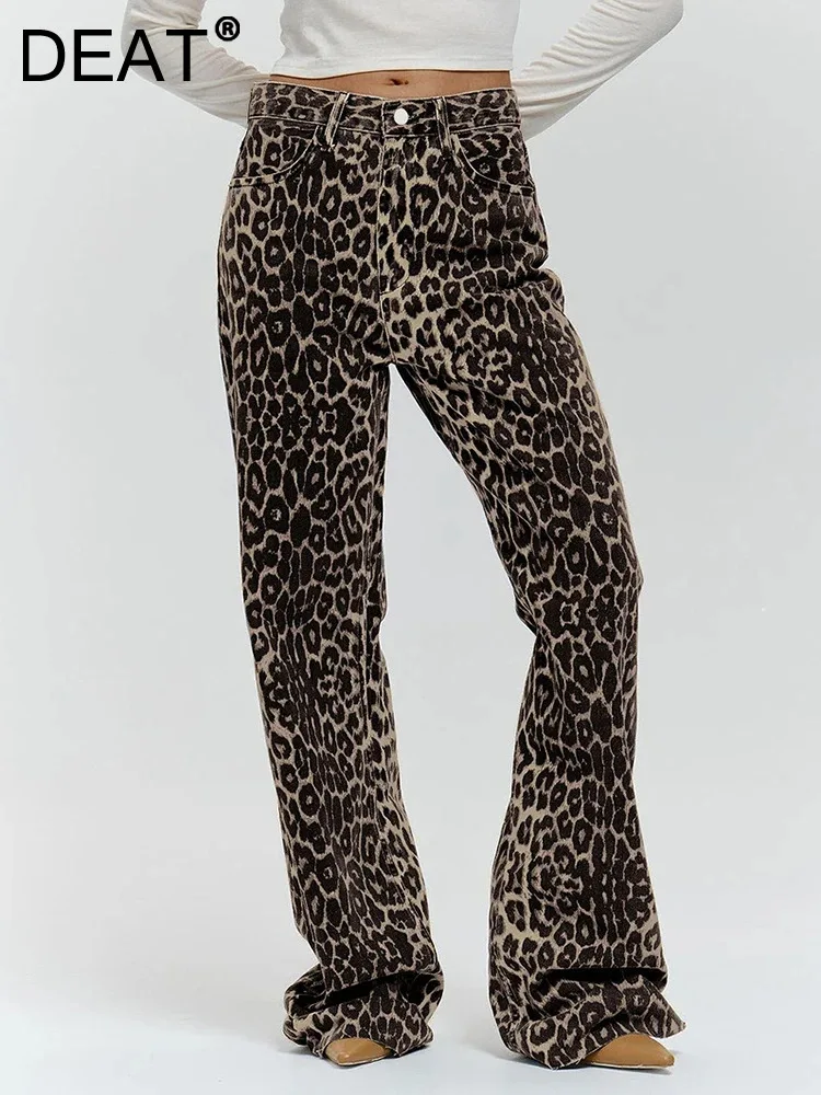 DEAT Fashion Women's Leopard Pants Low Waist Pockets Cotton Slim Full-length Streetwear Flare Trouser Autumn 2025 New 7AB4753