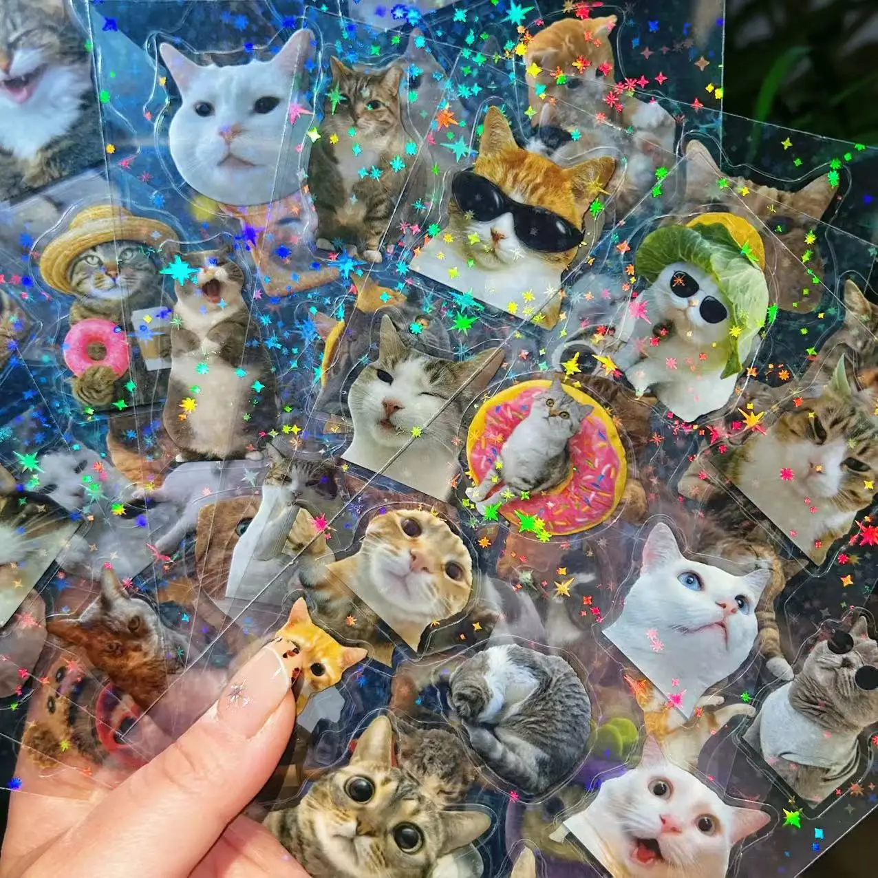 Paquete de 8 Hojas de Pegatinas Transparentes de Gatos de Dibujos Animados, Pegatinas de Memes y Máscaras para Computadora, Cuaderno, Papelería, Juguetes DIY y Más