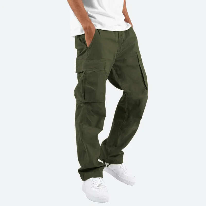 

Men's Casual Work Trousers with Dstring And Multiple kets Youthful Loose Fit Long Straight Leg Non-Stretch Regular Thic...