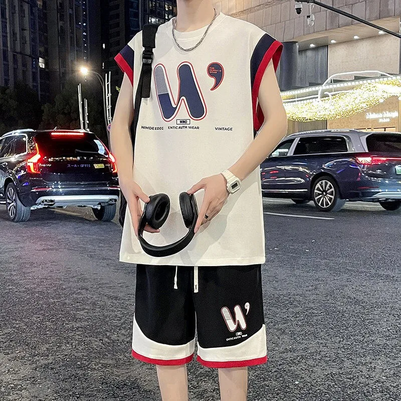 2025-summer-new-men's-sleeveless-sportswear-set-cool-handsome-casual-loose-two-piece-set-polyester-fiber-short-pants