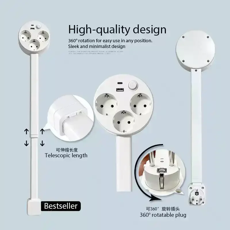 360° Rotatable EU Vertical Power Extender, Flame Retardant Plastic Standard Socket