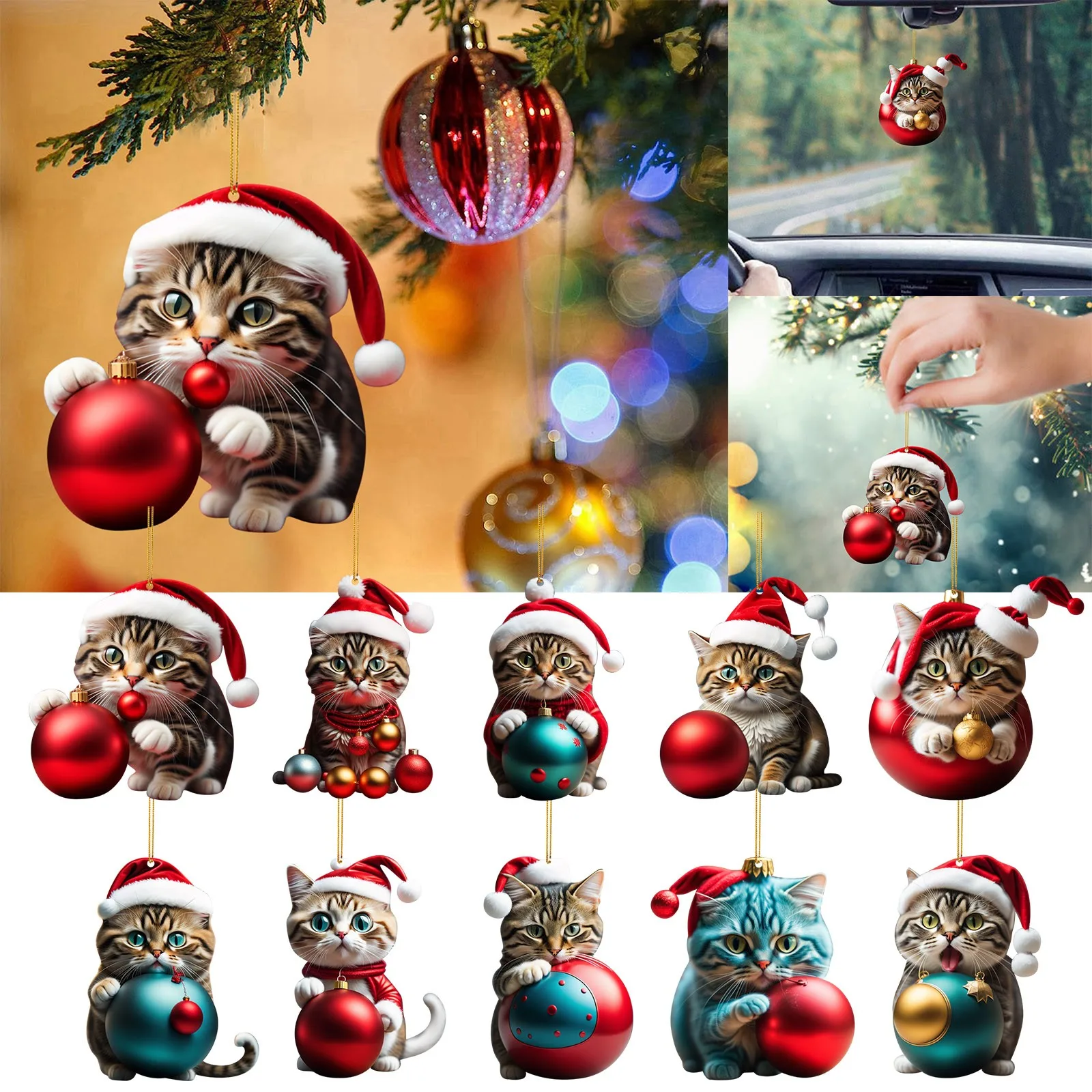 1PC Christmas Cat Pendant Xmas Cute Animal Hanging Ornaments Car Interior Decoration Christmas Tree Decor For Home 2024 Navidad