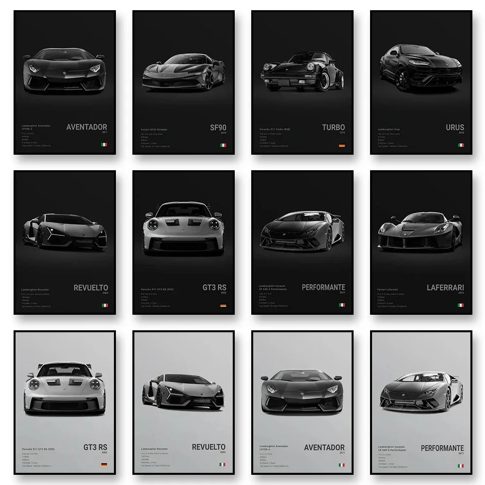 Słynny samochód GT3 RS TURBO SF90 Canvas Wall Art Print Plakat URUS AVENTADOR REVUELTO Dekoracyjny mural Home Decor Prezent dla miłośnika samochodów