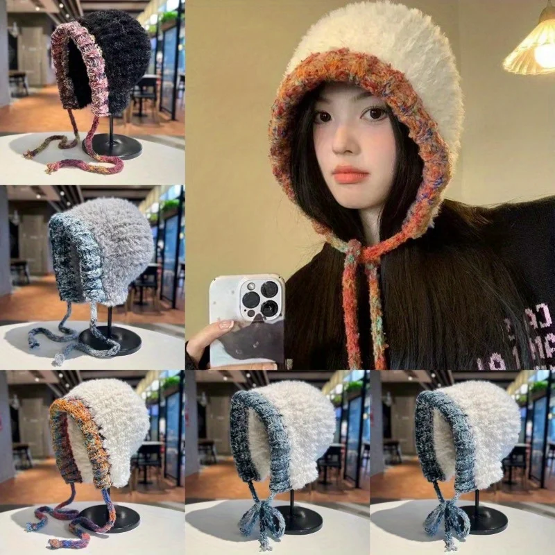 

Autumn Winter Padded and Thickened Lace-up Knitted Hat Retro Colourful Knitted Wool Cap Fashion Leisure Plush Warm Cap