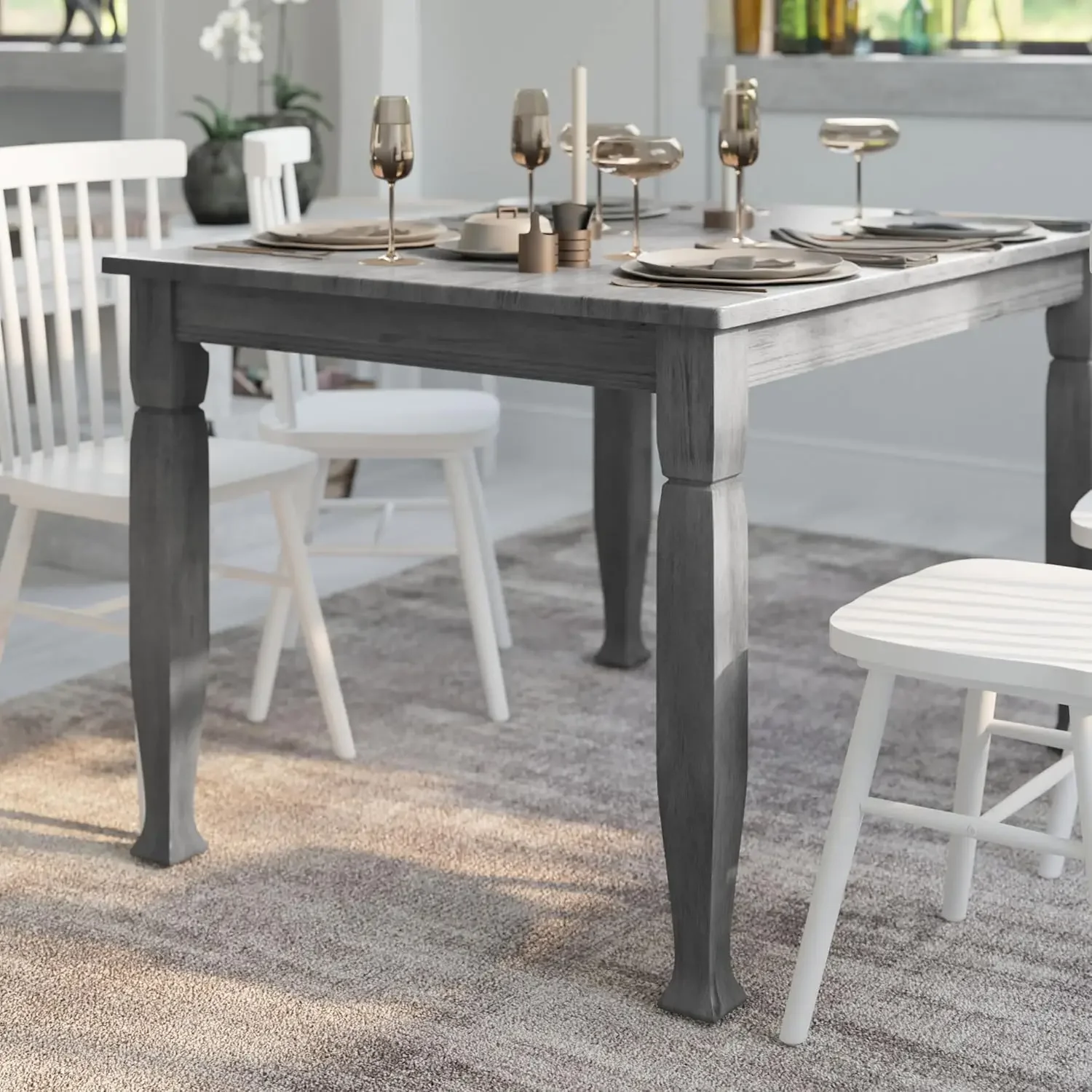 طاولة طعام من الخشب الصلب ميلفورد 47 بوصة EMMA + OLIVER، مريلة بألواح أوفست مقاس 3 بوصات، أرجل ملفوفة، لمسة نهائية مقاومة للماء، متينة لـ Eve